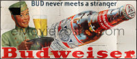 4g0337 BUDWEISER billboard 1950s Bud never meets a stranger, great art of giant beer bottle!