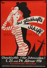 4g0014 DAS GLUCKHAFTE SCHIFF German 33x47 1936 art of pretty woman saluting by ship silhouette!