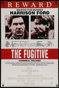 4j0864 FUGITIVE recalled int'l 1sh 1993 Harrison Ford is on the run, cool wanted poster design!