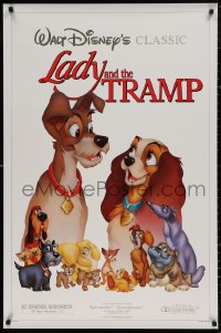 4j0948 LADY & THE TRAMP 1sh R1986 Walt Disney romantic canine dog classic cartoon, great cast image!