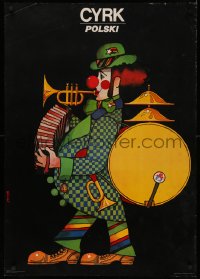 4j0491 CYRK Polish 26x37 1981 wonderful artwork of one man band clown by Maciej Hibner!