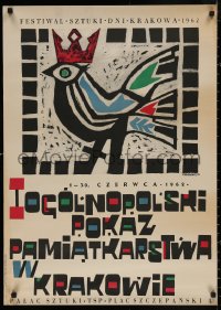 4j0424 OGOLNOPOLSKI POKAZ PAMIATKARSTWA W KRAKOWIE Polish 24x34 1962 Kurkiewicz art of bird w/crown!