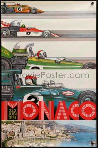 4j0634 MONACO 20x29 French special poster 1973 J. Ramel art of four race cars and image of city!