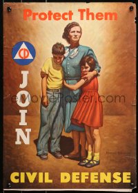 4j0679 PROTECT THEM JOIN CIVIL DEFENSE 14x19 special poster 1951 Stevenson art of woman clutching children!