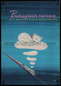 4j0302 GERMAN FEDERAL RAILWAY 24x33 German travel poster 1953 cat sleeping on smoke by Grave-Schmandt!