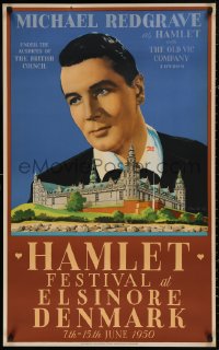 4j0279 HAMLET FESTIVAL AT ELSINORE DENMARK 25x39 Danish travel poster 1950 Spliid art of Redgrave!