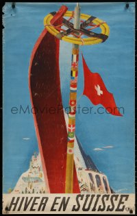 4j0285 HIVER EN SUISSE 25x40 Swiss travel poster 1937 Swiss flag and a mountain resort by Carigiet!