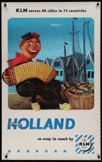 4j0273 KLM HOLLAND 25x40 Dutch travel poster 1960s so easy to reach by KLM, musician next to fish!