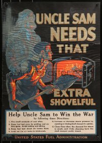 4j0325 UNCLE SAM NEEDS THAT EXTRA SHOVELFUL 20x28 WWI poster 1917 Uncle Sam & worker by Sindelar!