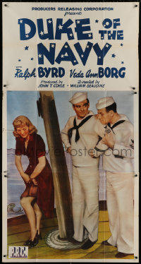 4k0549 DUKE OF THE NAVY 3sh 1942 Ralph Byrd & Stubby Kruger stare at Veda Ann Borg's sexy leg!