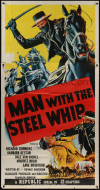 4k0576 MAN WITH THE STEEL WHIP 3sh 1954 serial, cool art of masked hero on horse lashing his whip!