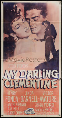 4k0581 MY DARLING CLEMENTINE 3sh R1953 John Ford, Henry Fonda, Victor Mature, sexy Linda Darnell!