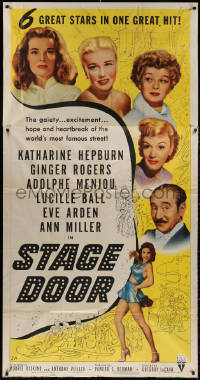 4k0605 STAGE DOOR 3sh R1953 Katharine Hepburn, Ginger Rogers, Adolphe Menjou, Lucy Ball, Ann Miller