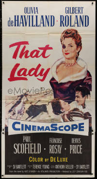 4k0615 THAT LADY 3sh 1955 close up of Gilbert Roland & Olivia de Havilland with eyepatch!