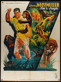 4k1041 JUNGLE JIM French 1p 1950s art of Johnny Weissmuller & chimp by Constantine Belinsky!