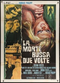 4k0495 DEATH KNOCKS TWICE Italian 1p 1969 Blonde Koder Fur den Morder, art of half-naked victim!