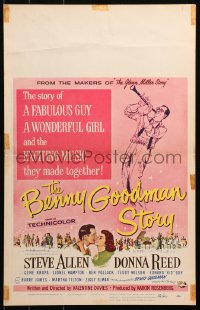 4k0239 BENNY GOODMAN STORY WC 1956 Steve Allen as Goodman, Donna Reed, Gene Krupa, Reynold Brown art