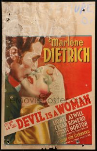 4k0267 DEVIL IS A WOMAN WC 1935 great colorful art of sexy Marlene Dietrich kissed by Cesar Romero!