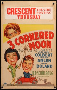 4k0387 THREE-CORNERED MOON WC 1933 art of Claudette Colbert, Richard Arlen & Mary Boland, rare!