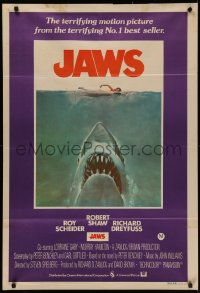 4m0309 JAWS Aust 1sh 1975 art of Steven Spielberg's classic shark attacking sexy swimmer!
