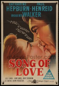 4m0325 SONG OF LOVE Aust 1sh 1947 art of Katharine Hepburn & Paul Henreid kissing, ultra rare!