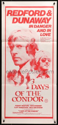 4m0337 3 DAYS OF THE CONDOR Aust daybill 1975 CIA analyst Robert Redford & Faye Dunaway in danger!
