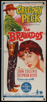 4m0360 BRAVADOS Aust daybill 1958 full-length art of cowboy Gregory Peck & sexy Joan Collins!