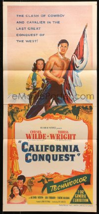 4m0367 CALIFORNIA CONQUEST Aust daybill 1952 barechested Cornel Wilde & Teresa Wright fight for freedom!