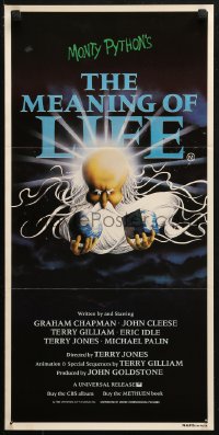 4m0467 MONTY PYTHON'S THE MEANING OF LIFE Aust daybill 1983 wacky art of God creating Earth!