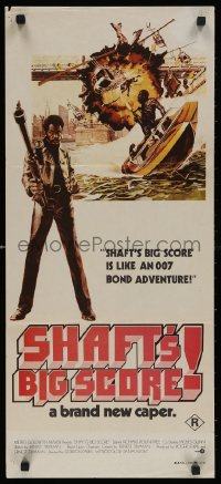 4m0502 SHAFT'S BIG SCORE Aust daybill 1972 great art of mean Richard Roundtree with big gun by Solie