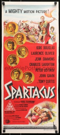 4m0508 SPARTACUS Aust daybill 1961 classic Kubrick & Kirk Douglas epic, cool coin art!