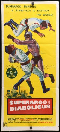 4m0518 SUPERARGO VS. DIABOLICUS Aust daybill 1966 cool art of masked hero by Renato Casaro!