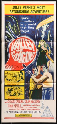 4m0547 VALLEY OF THE DRAGONS Aust daybill 1961 Jules Verne, dinosaurs & giant spiders, different!