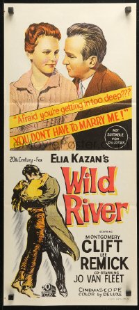 4m0560 WILD RIVER Aust daybill 1960 directed by Elia Kazan, Montgomery Clift embraces Lee Remick!