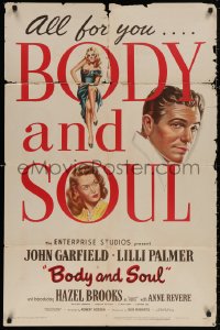 4m0674 BODY & SOUL 1sh 1947 boxing, John Garfield, art of Lilli Palmer & sexy Hazel Brooks!