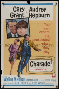 4m0711 CHARADE 1sh 1963 art of tough Cary Grant & sexy Audrey Hepburn, expect the unexpected!