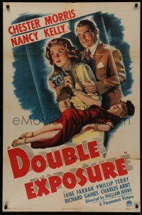 4m0783 DOUBLE EXPOSURE 1sh 1944 Chester Morris & Nancy Kelly, cool film noir art, double-trouble!