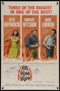 4m0830 FIRE DOWN BELOW 1sh 1957 full-length sexy Rita Hayworth, Robert Mitchum & Jack Lemmon!