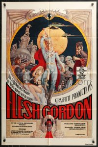 4m0836 FLESH GORDON 1sh 1974 sexy sci-fi spoof, wacky erotic super hero art by George Barr!