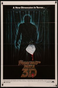 4m0850 FRIDAY THE 13th PART 3 - 3D 1sh 1982 slasher sequel, art of Jason stabbing through shower!