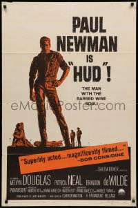 4m0936 HUD 1sh 1963 Mitchell Hooks art of Paul Newman as the man with the barbed wire soul!