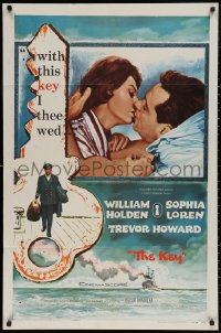 4m0974 KEY 1sh 1958 Carol Reed, close up kiss art of William Holden & sexy Sophia Loren!