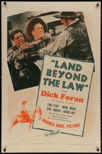 4m0986 LAND BEYOND THE LAW 1sh R1943 great image of singing cowboy Dick Foran in fight!