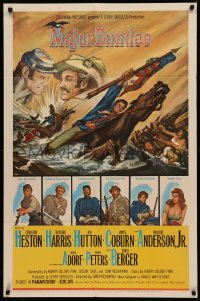 4m1027 MAJOR DUNDEE 1sh 1965 Sam Peckinpah, Heston, Rehberger Civil War art with blue credits!