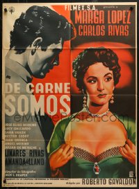 4m0131 DE CARNE SOMOS Mexican poster 1955 artwork of sexy Marga Lopez pulling her shirt open!