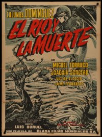 4m0134 EL RIO Y LA MUERTE Mexican poster 1954 Luis Bunuel, cool art of Death looming over river!