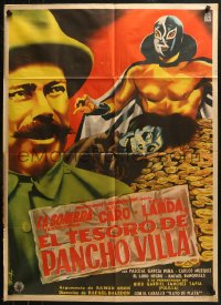 4m0136 EL TESORO DE PANCHO VILLA Mexican poster 1954 Diaz art of masked wrestler & gold pile!