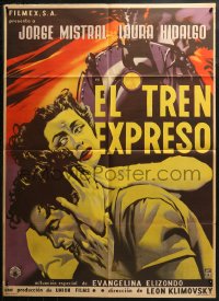 4m0138 EL TREN EXPRESO Mexican poster 1955 Jorge Mistral, Laura Hidalgo, cool train artwork!