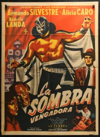 4m0145 LA SOMBRA VENGADORA Mexican poster 1956 cool art of masked wrestler Fernando Oses!