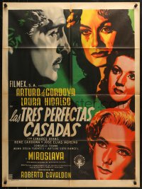 4m0147 LAS TRES PERFECTAS CASADAS Mexican poster 1952 Renau art of Arturo de Cordova & pretty women!